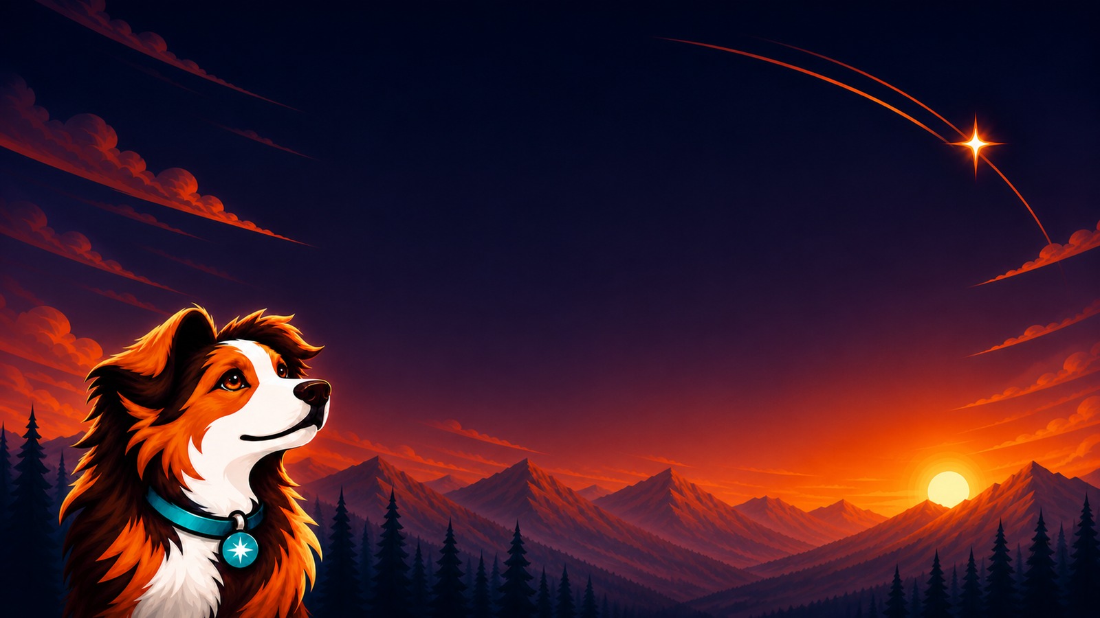 Rover the dog on a ridge at sunset, beneath an orange supernova and its orbital arcs.