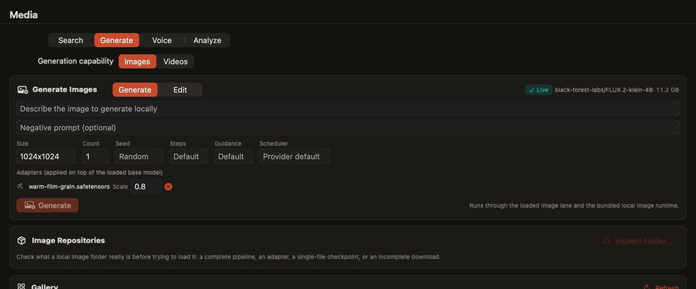 Bedrova's image generation controls: model picker, prompt, size, steps, guidance and seed, with a local gallery below.