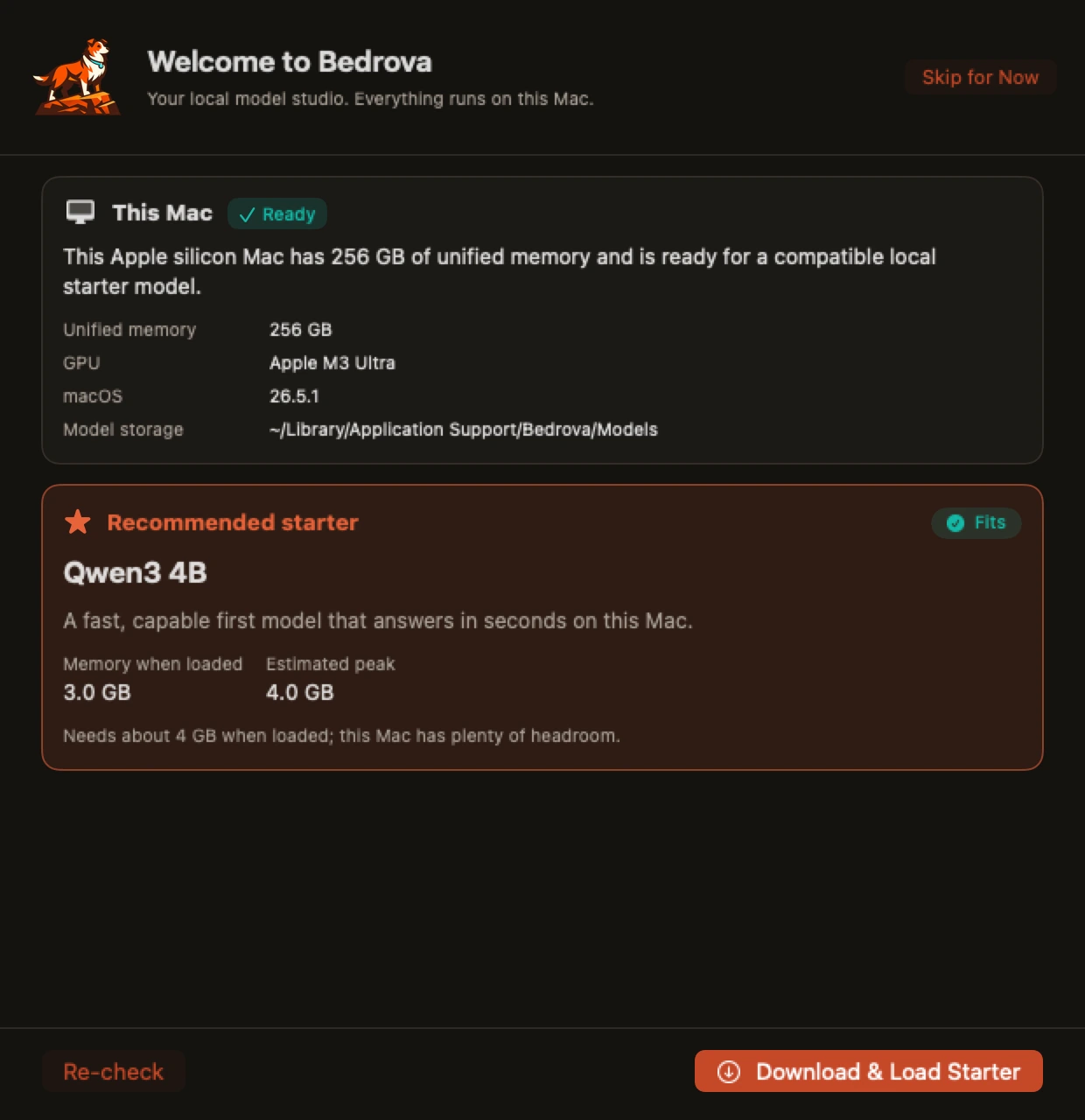 Bedrova's first-run screen: it has detected the Mac's chip and memory and is recommending a model that fits, with the download size shown.